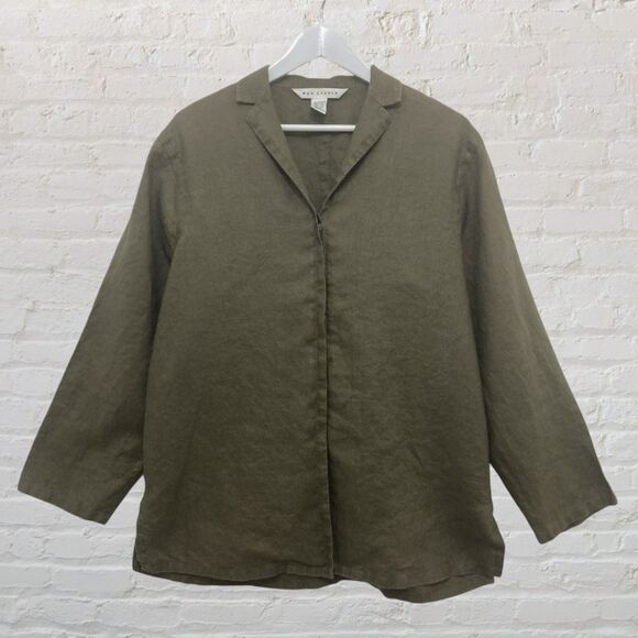 Max Studio Shirt Size M 100% Linen Olive Green Button Front 3/4 Sleeve - Picture 2 of 13